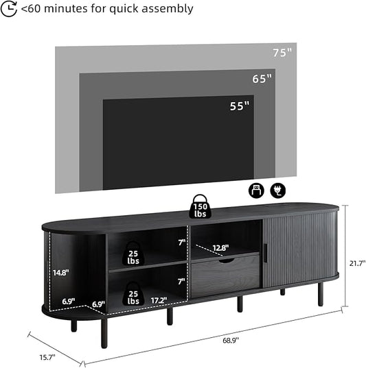 69" Mid-Century TV Stand with Power Outlet, Fluted Entertainment Center with Storage Drawer, TV Console with Sliding Door and Adjustable Shelves, TV Stand up to 80" for Living Room, Bedroom, Black