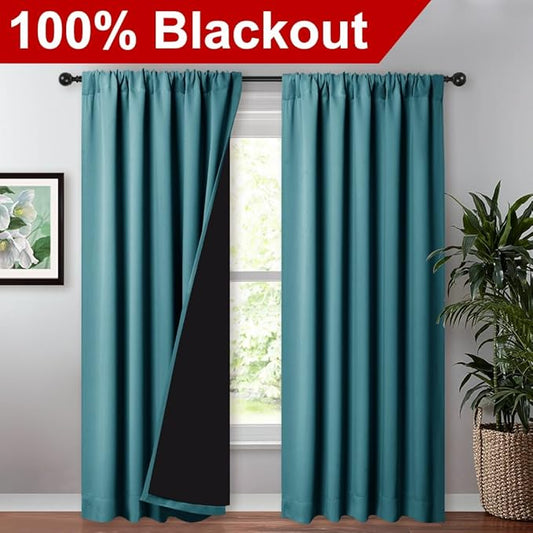 NICETOWN 100% Blackout Curtains for Living Room, Privacy Protection & Noise Reducing Drapes, Black Lined Window Treatment Panels for Patio Sliding Glass Door (Peacock Teal, 2 Pieces, W52 x L84)
