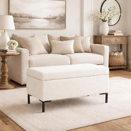 HomePop Upholstered Storage Bench with Metal Leg|Homepop Home Décor|Bench with Storage for Living Room & Entryway - Cream Boucle