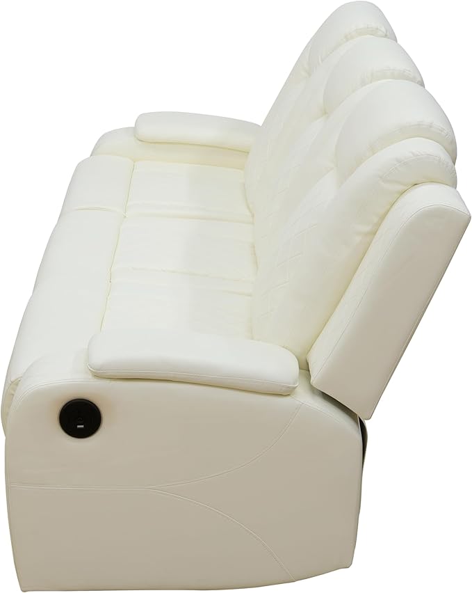 Breathing Leather Power Reclining Sofa, Living Room Furniture with 2 Recliners, 3 Seater Leather Couch with Flip-Down Table/USB Charging for Office/Home Theater (Creamy White, 3-Seat Sofa)