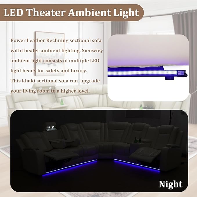Power Reclining Sectional Sofa Set with LED Lights, Vegan Leather Recliner Sectional Couch for Living Room Furniture,Wireless Charging/USB Charging/Reading Lamp/Armrest Storage,White Pro