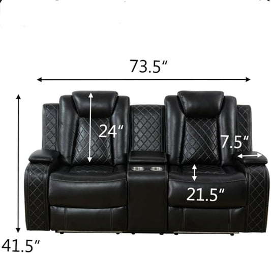 Breathing Leather Power Reclining Loveseat, Living Room Furniture with 2 Recliners, 2-Seater Leather Couch with Storage Console/Cup Holders for Home/Office (Black, Loveseat)