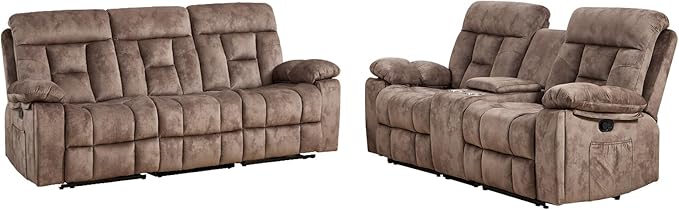 EBELLO 2 Pieces Recliner Sofa Couch Furniture Set, Overstuffed Reclining Loveseat Recliner Couch and Wide 3PC Bonded Sofa Set for Living Room, Brown