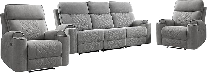 HAOMARKETS 3-Piece Power Recliner Sofa Set with Charging Port, Include 2 Single Power Reclining Chairs and a 3-Seater Reclining Couch with Cup Holders for Living Room, Light Grey