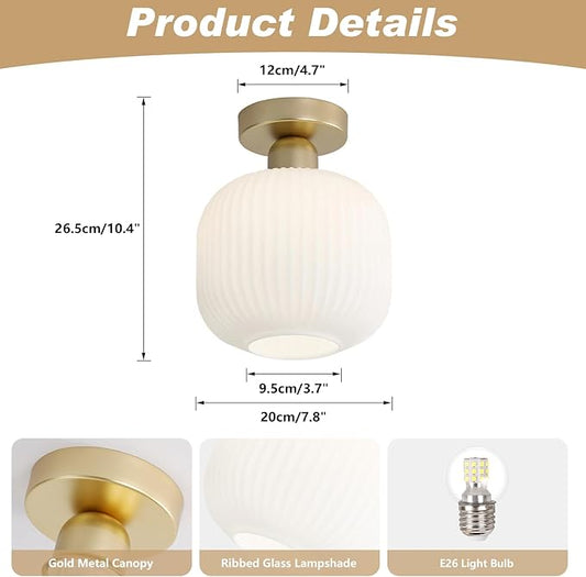 KCO Lighting Small Bedroom Ceiling Lights Milk Glass Flush Mount Ceiling Light Set of 2 Vintage Gold Ceiling Lamps Mid Century Modern Semi Flush Mount Ceiling Light (2 Pack)