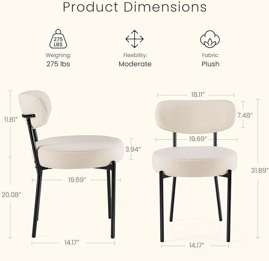 DUMOS Dining Chairs Set of 2, Mid Century Modern Chair Round Upholstered Curved Backrest, Kitchen Vanity Living Room Chairs with Black Metal Legs,Ivory White