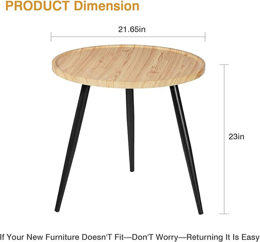 VECELO Modern Side Table, Round Small End Table, Exclusively Designed Hand-Crafted Small Nightstand, Solid Wood,Natural top with Black Metal Legsfor Bedrooms, Living Rooms and Home Office