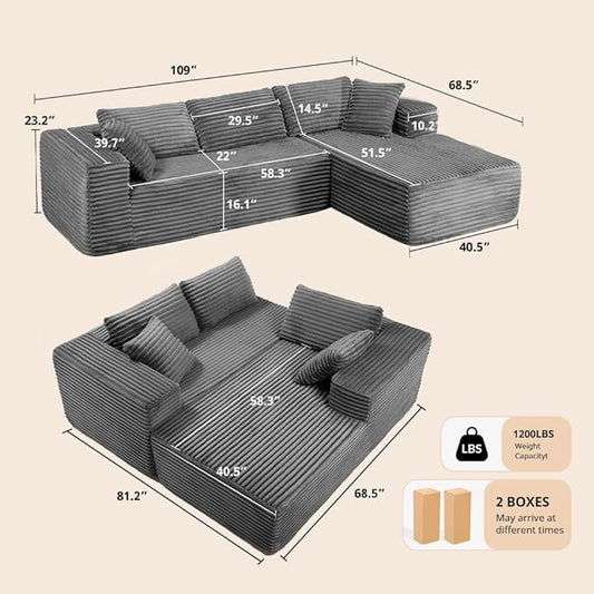 COMHOMA 105”Modular Sectional Sofa with Deep Seat,Cloud Upholstered L-Shape Couch Wide Arms Corduroy Fabric High-Density Foam Chaise Lounge for Living Room No Assembly Required