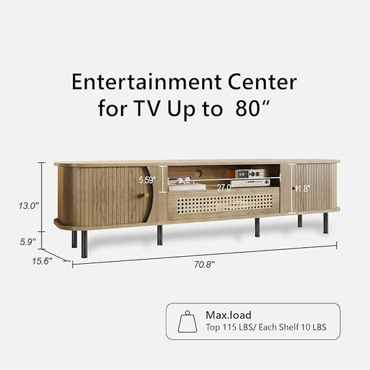 basenji 71" Fluted TV Stand with Sliding Doors & Rattan,Mid Century Modern Entertainment Center with Storage,Curved Edge Design,Media Console for TVs up to 85",TV Consoles for Living Room,Oak