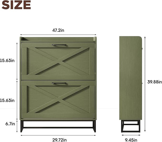 Maupvit Shoe Storage Cabinet with 2 Flip Drawers, Freestanding Shoe Organizer with Metal Legs for Entryway, Narrow Shoe Rack Cabinet, Green
