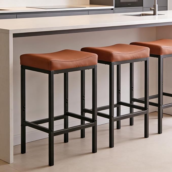 Counter Height Bar Stools Set of 2, 25.5 Inch, Faux Leather bar Stool, Saddle Barstool with Footrest,Stools for Kitchen Counter,Dining Room,Easy Assembly, Brown