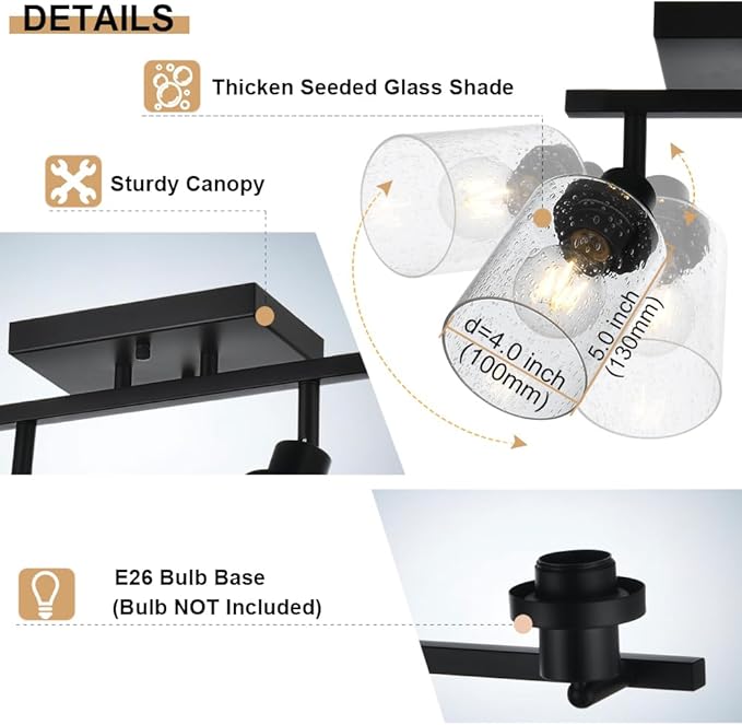 3-Light Track Lighting Fixtures Ceiling Spot Light, Black Flush Mount Wall Bathroom Vanity Light with Seeded Glass Shade for Dining Room Hallway Porch