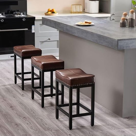 Bar Stools Set of 4, Upholstered Counter Height Stools with Padded Seats and Metal Base, Leather Saddle Stool for Modern Kitchen Island, 22.4-Inch, Brown
