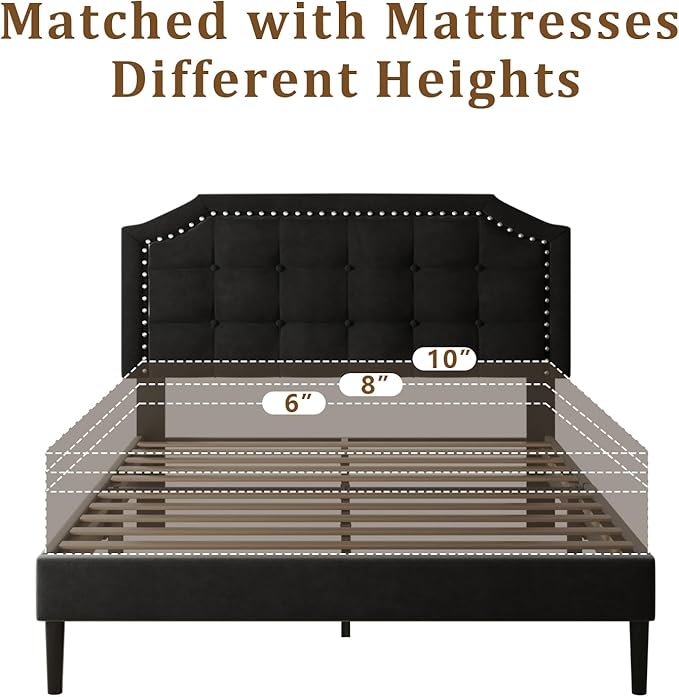 Queen Size Bed Frame, Queen Size Platform Bed Frame with Upholstered Button Tufted Headboard, Strong Wood Slats, No Box Spring Needed, Mattress Foundation, Easy Assembly Black