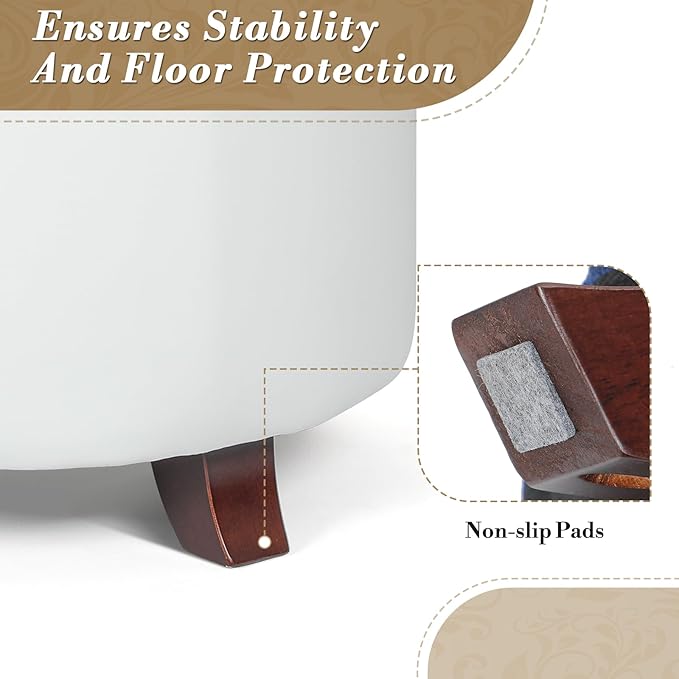 Athena Collection 24.5 Inch Small Ottoman with Storage, Round PU Leather Storage Ottoman Foot Rest with Removable Lid, Multipurpose Footstool Footrest for Livingroom, Bedroom, Dorm, White