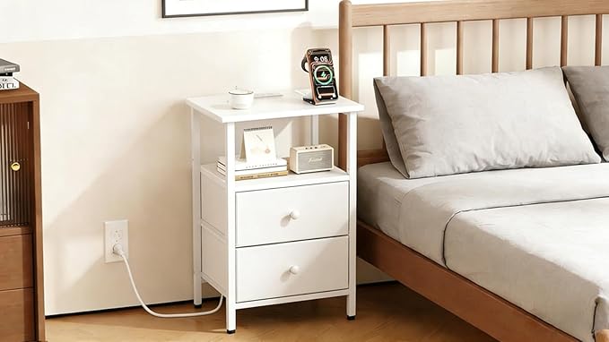 Nightstand with Charging Station, Bedside End Table with 2 Fabric Drawers for Bedroom, Side Table with USB Ports and Outlets (White)