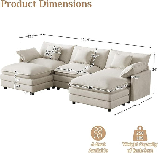 114" U Shaped Cloud Couch Sectionals Oversized Sectional Couches for Living Room Modular Couch, Large Velvet Cloud Sofa with Movable Ottoman, Beige