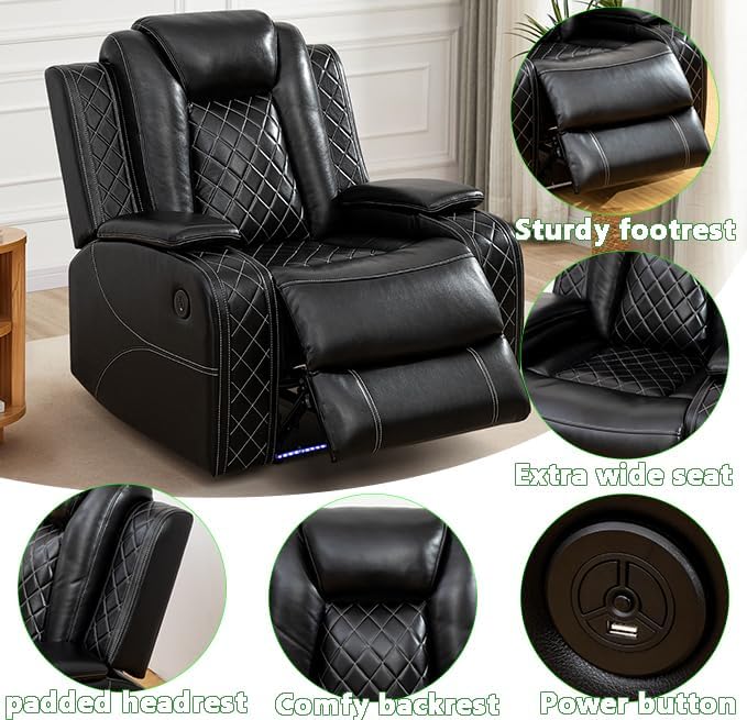 A Ainehome Living Room Furniture Power Recliner Sofa, Breathing Leather Power Reclining Sofa Set, Sectional Reclining Couch with Storage Console for Living Room/Guest Room(A-Black)