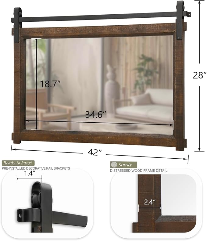 Besdomus Large Bathroom Rustic Mirror: 42"x28" Brown Barn Door Farmhouse Solid Cedar Wood Frame - Wall Mounted Mirror for Hallway/Fireplace/Bathroom Refresh- Modern Rustic Decor for Fashion-Conscious