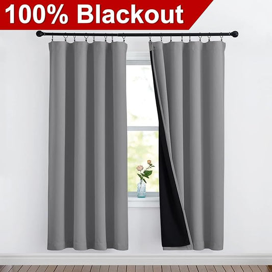 NICETOWN Full Shade Curtain Panels, Pair of Energy Smart Rod Pocket Blackout Drapes for Guest Room Window, Thermal Insulated Guest Room Lined Window Dressing(Silver Grey, 52 x 72 inch)