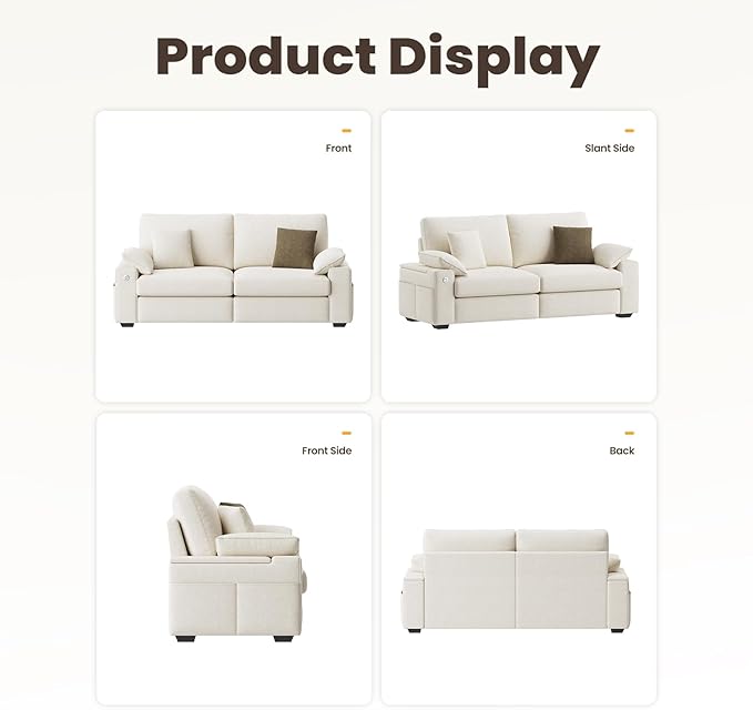 MALOL 76" Loveseat Sofa, Cloud Foam Couch, 3 Seater Upholstered Midcentury Mondern Love Seat with USB Type C Ports, 4 Pillows and Flip-Open Storage Armrest for Living Room/Small Spaces, Beige