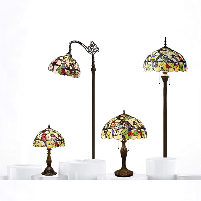WERFACTORY Tiffany Table Lamp Mix Color Stained Glass Bedside Lamp Double Birds Reading Desk Light 12X12X18 Inches Decor Bedroom Living Room Home Office S805 Series