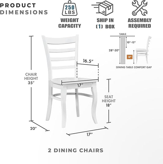 Lexicon Modern Dining Chair Set of 2, Solid Rubber Wood Kitchen & Dining Room Chairs, Armless, Ladder Back, Easy to Assemble, White