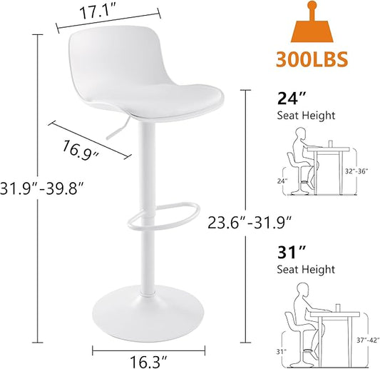 YOUTASTE Modern White Bar Stools Set of 2, Adjustable Swivel Counter Bar Chairs with PU Leather Upholstered Seat, Sturdy Metal Base, Perfect for Kitchen Island, Dining, or Home Bar