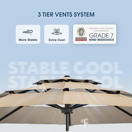 wikiwiki 9ft 3-Tier Patio Umbrella Outdoor Table Market Umbrella for Patio with Push Button Tilt/Crank, Fade Resistant Waterproof POLYESTER Canopy for Garden, Lawn, Deck, Backyard & Pool, Beige