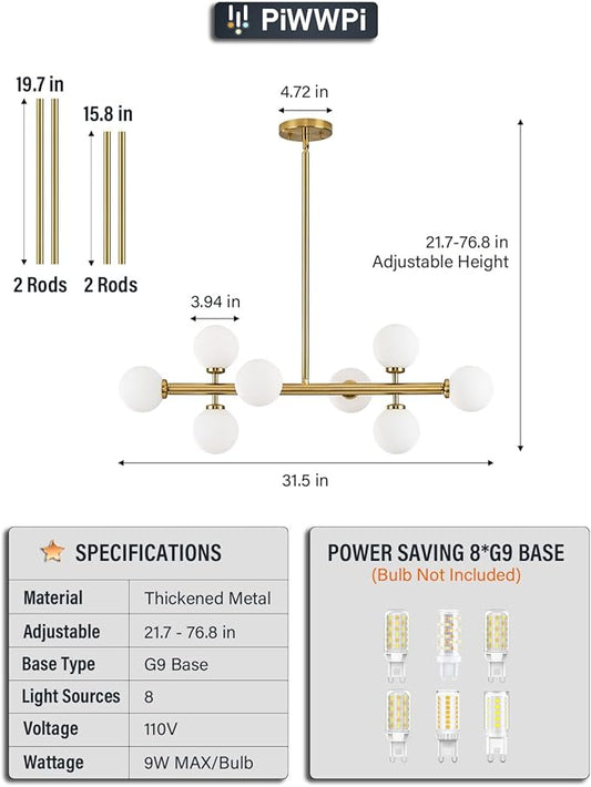 Modern Linear Chandeliers for Dining Room, 8-Light Globe Sputnik Pendant Ceiling Light, Brass Gold Dining Room Light Fixture Over Table, Mid Century Glass Milk White Bubble, 31.5 Inch, GC-09