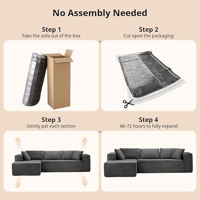 COMHOMA 105”Modular Sectional Sofa with Deep Seat,Cloud Upholstered L-Shape Couch Wide Arms Corduroy Fabric High-Density Foam Chaise Lounge for Living Room No Assembly Required