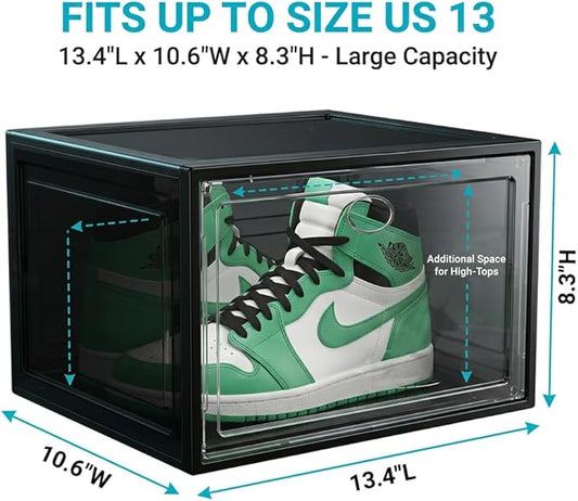 Large Shoe Boxes Clear Plastic Stackable, 8 Pack Drop Side Shoe Storage Boxes with Magnetic Door, Shoe Storage Organizer Sneaker Storage Display Fit up to US Size 13 Black