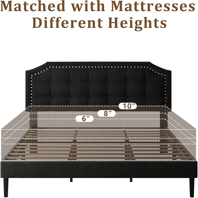 King Size Bed Frame, King Size Platform Bed Frame with Upholstered Button Tufted Headboard, Strong Wood Slats, No Box Spring Needed, Mattress Foundation, Easy Assembly Black