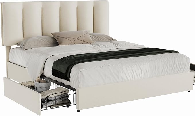 VECELO Queen Size Bed Frame with 4 Storage Drawers, Adjustable Height Headboard, Heavy-Duty Platform Bedframe with Strong Wooden Slats, No Box Spring Needed, Pale Beige
