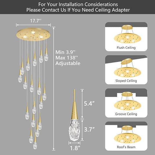 18-Lights 138 Inches Modern Chandelier LED Light Fixtures High Ceiling Long Light Chandelier for Entrance Foyer Dimmable Lights with Remote Living Room Ceiling Pendant Lighting Drop Lights Shine Gold