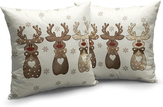 Christmas Reindeer Snowflakes Pillow Covers 18x18 Set of 2 Xmas Polka Dot Love Heart Bow Brown Elk Deer Throw Pillows Cute Winter Holiday Farmhouse Outdoor Cushion Cases for Sofa Couch