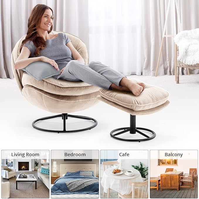 Velvet Swivel Accent Chair with Ottoman Set, Modern Lounge Chair with Metal Base Frame & Footrest, Comfortable Single Leisure Sofa Chair Reading Chair with 360 Degree Swiveling for Living Room, Beige