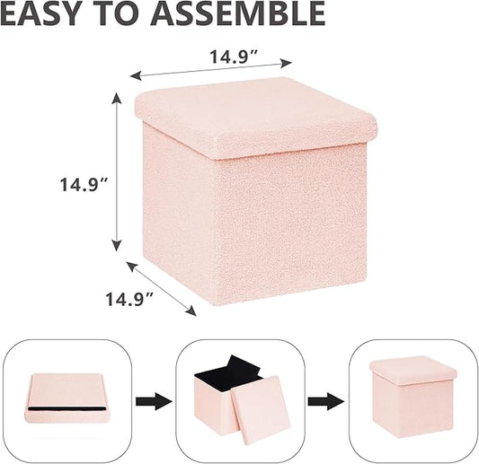 15in Small Storage Ottoman Foldable Sherpa Top Storage Bench,Foot Rest/Step Stool for Bedroom Dorm Entryway, Space Saving for Small Spaces-Pink