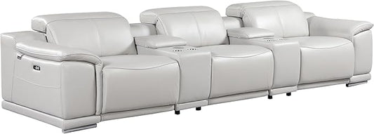 BlackJack Furniture Venice Top Grain Italian Leather Power Recline 8 Piece 5 Seater Sofa - 134" Theater Seating Modern Couch for Living Room Lounge with Adjustable Headrests & USB Port, Light Grey