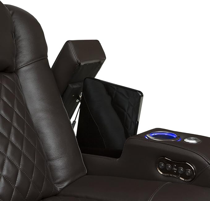 Seatcraft Anthem Home Theater Seating - Italian Leather - Power Recline Sofa - Fold-Down Table - Powered Headrests - Arm Storage - USB Charging - Cup Holders, Brown
