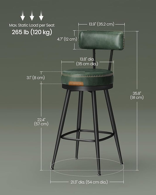 VASAGLE EKHO Collection - Bar Stools Set of 2, Swivel Counter Height Bar Stools with Back, Synthetic Leather with Stitching, Mid-Century Modern, 25.6-Inch Tall Barstools for Kitchen Bar, Forest Green