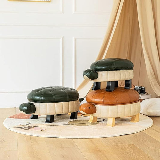 Animal Ottoman Footstool, Turtle Sofa Stool, PU Leather Upholstered Wood Ottoman Foot Stool (Color : Dark Green-L)