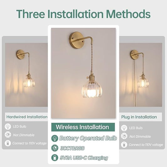 Battery Operated Wall Sconce with Clear Tulip Shade Pattern Glass Adjustable Chain Retro Gold Wall Mounted Light, Modern Wall Decor for Bedside Bedroom Indoor Doorway, Set of 2