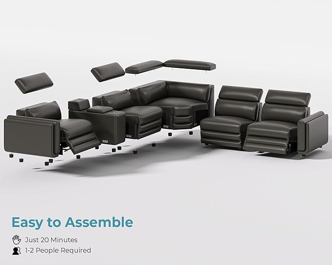 Jocisland Dual Power Recliner, Oversized 5-Seater Sofa with Console, 3 Bluetooth Speakers & Hidden Storage, Modern L Shaped Reclining Couch with 6 Charging Ports - Dark Gray Leathaire