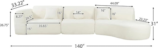 Merax 140" Curved Polyester Sectional Sofa Set, Modern Cloud Couch with Chaise Lounge & 3 Pillows, Fully Assembled for Living Room, Beige