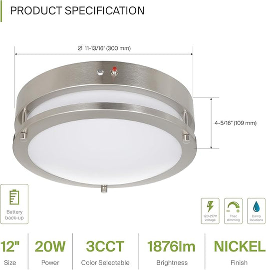 ASD LED 12" Round Flush Mount Lighting, Close to Ceiling Light Fixture | 3CCT, Dimmable, Battery Backup, ETL Listed | 20W 1876LM 3000-5000K 100-277V | Low Profile Double Ring Lamp | Nickel, 4 Pack