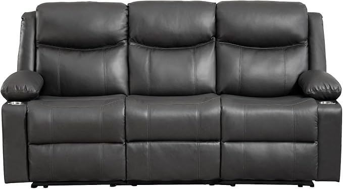 Manual Reclining Sofa - 3 Seat Recliner Sofa with Heat & Massage Function, Wall-Hugger Reclining Sofa for Living Room (Grey) | Cup Holder, Side pocket