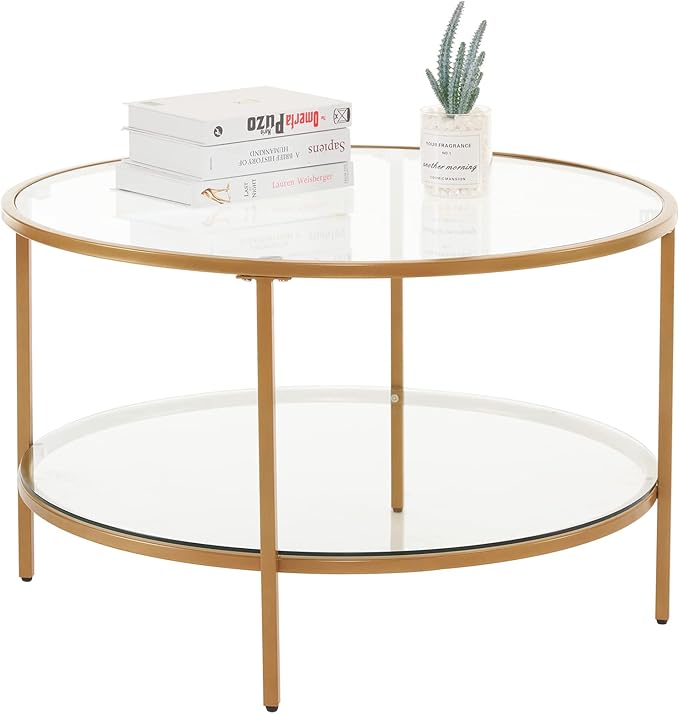 VINGLI Glass Coffee Table,30" Round Coffee Table Gold Coffee Tables for Living Room,2-Tier Glass Top Coffee Table with Storage Clear Coffee Table,Simple & Modern Center Table Mesa de Centro para Sala