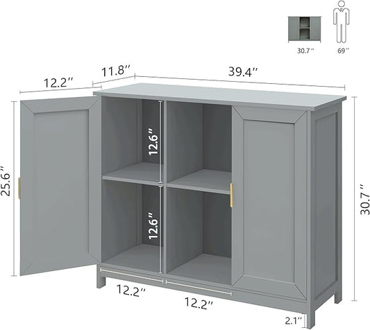 TaoHFE Grey Kitchen Pantry, Modern Wooden Small Credenza Sideboard Coffee Station, Storage Small Cabinet with Doors and Shelves for Kitchen