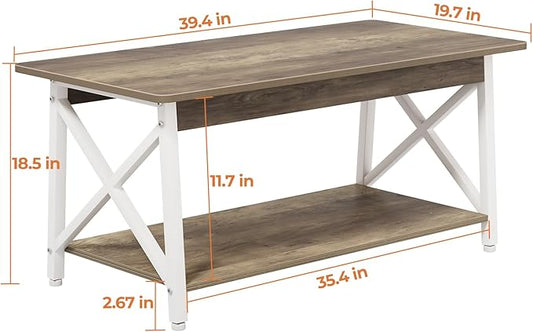 GreenForest Farmhouse Coffee Table with Round Corner, 39.4'' Living Room Table with 2 Tier Storage Shelves, X-Frame Sturdy Center Table Space Saving Easy Assembly, Gray Wash